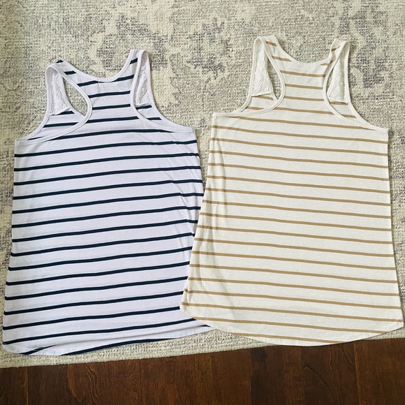 Two set bundle lot 2 striped tank tops tan cream white dark navy blue eyelet - Picture 4 of 8
